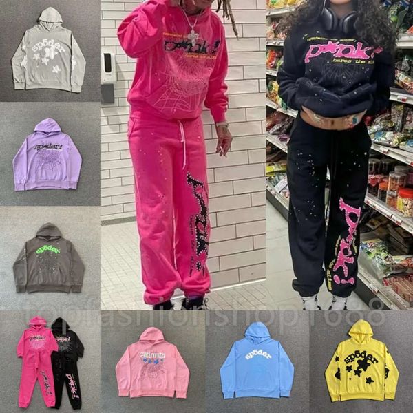 2024 Sp5der Young Thug 555555 Männer Frauen Hoodie Hochwertiger Schaumdruck Spinnennetz Grafik Rosa Sweatshirts Y2k Pullover S-XL klassisch