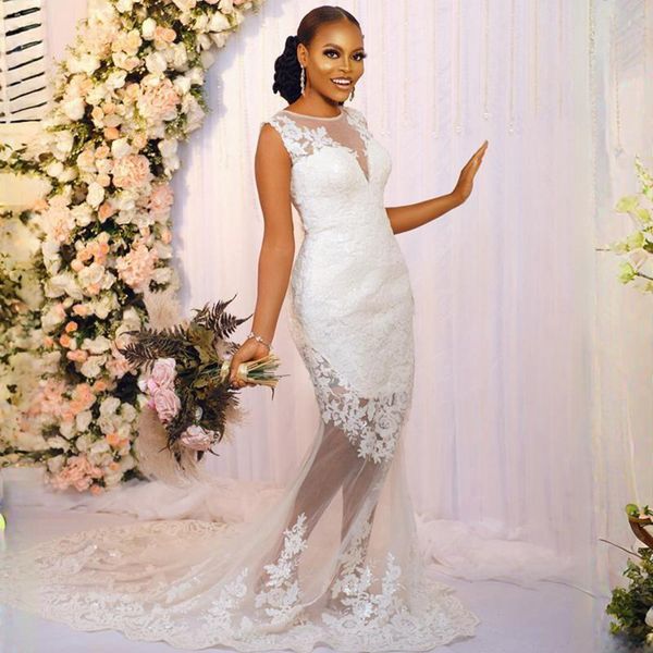 Abiti da sposa Aso Ebi Mermaid per la sposa illusione taglie forti eleganti pizzo trasparente in pizzo lungo vestito matrimoniale in treno lungo per le donne nere della Nigeria africana NW107