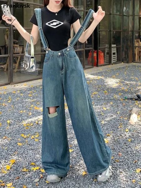 Salopette jeans da donna Pantaloni larghi stile giapponese con foro retrò Pantaloni con bretelle per il tempo libero Harajuku Versatile ogni giorno