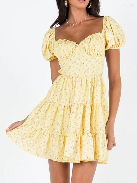 Partykleider Damen Sommer Blumendruck Kurze Puffärmel Minikleid A-Linie Swing Sweetheart Neck Back Tie-Up Sommerkleider