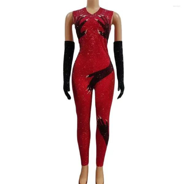 Bühnenkleidung Sexy glitzernder roter Strass-Overall, schwarze Handhandschuhe, Damen-Geburtstag, Feiern, Performance-Kostüm, Sänger-Show