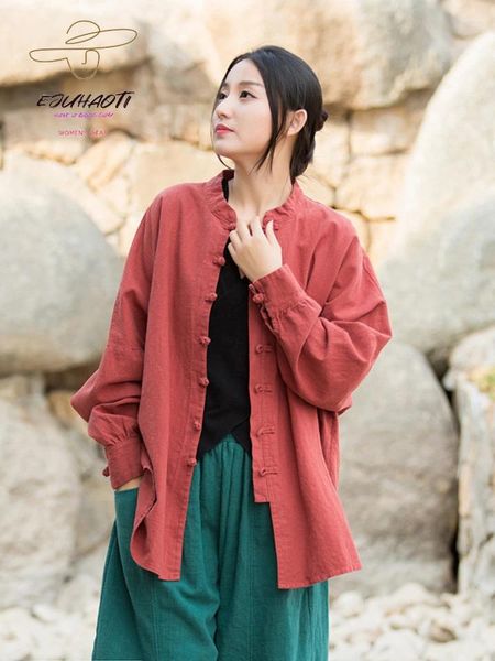 Damenblusen Baumwolle Ramie Llax Old Zen Mantel Kleidung Strickjacke Koreanische Mode Distressed Shirt Tops