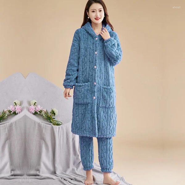 Kadınlar İçin Kadınlar İçin Pijamalar Kış Kırktı Flannel Set Çok Sıcak Ev Giyim Coral Velvet Pijama Femme Nightwear Pijama