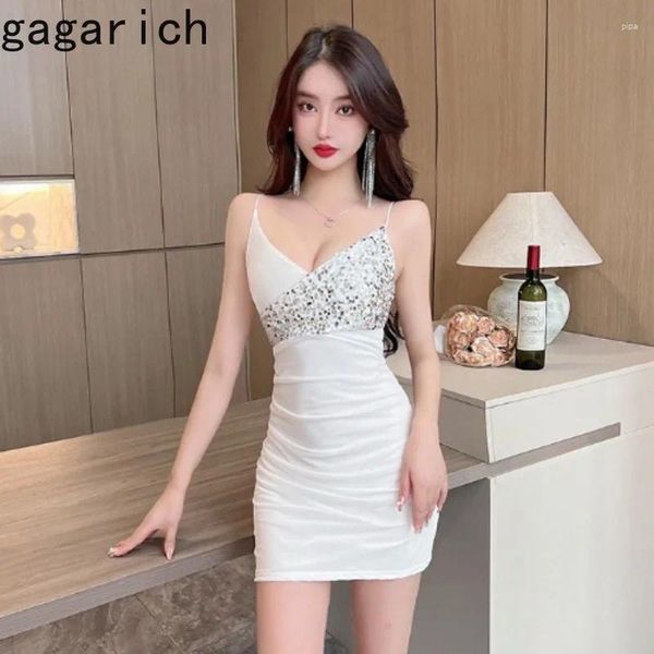 Casual Kleider Gagarich Mesh Patchwork Pailletten Low Cut Camisole Röcke Frühling Frauen Temperament Slim Fit Würzig Eingewickelt Hüfte Sexy Basis