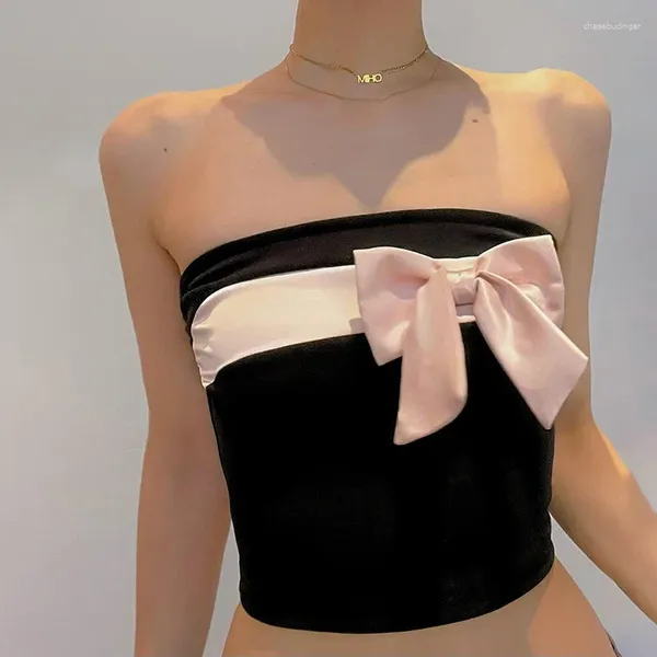 Kadın Tankları Retro Y2K Estetik Kırpılmış Üstler Pembe Yay Tüp Bandeau Peri Coquette Straplez Camis Cottage Vintage Giysileri 2024 Moda