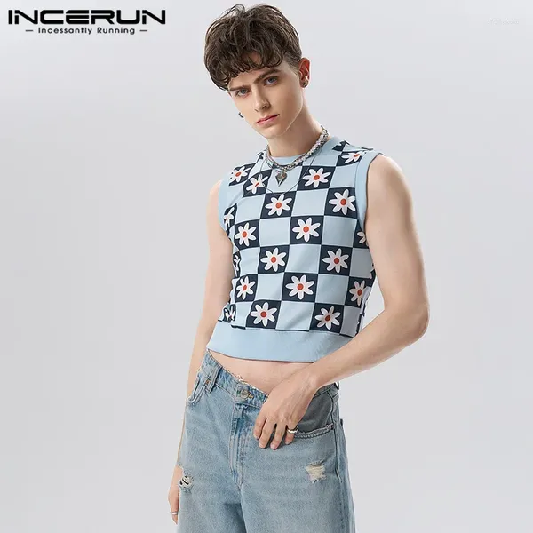 Homens Tank Tops Incerun 2024 Estilo Americano Mens Moda Floret Impresso Colete Casual Streetwear Masculino Cropped Sem Mangas Coletes S-5XL