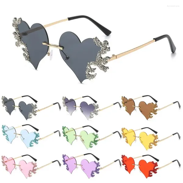 Óculos de sol engraçado na moda praia máscaras acessórios de traje de halloween bling óculos de sol sem aro em forma de coração chama coração