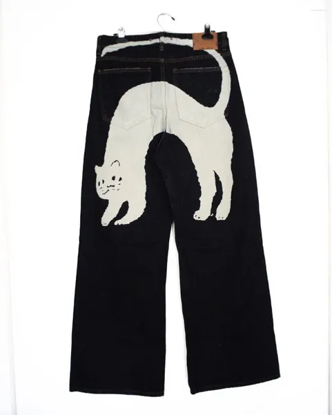 Женские джинсы, уникальные черные с очаровательным белым котом, модный принт, модные прямые широкие брюки Harajuku Y2K, повседневные индивидуальные брюки