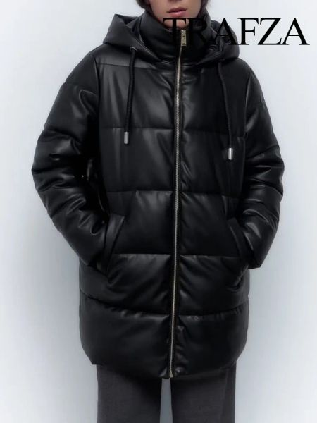 Parkas trafza 2023 inverno moda feminina vintage falso couro bolso casaco mulher com capuz casacos de algodão mangas compridas quente longo outerwears