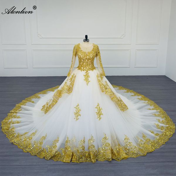 Alonlivn 100% fotos reais beleza o-pescoço vestido de baile vestido de casamento com miçangas strass pérolas bordado dourado rendas mangas completas vestidos de noiva