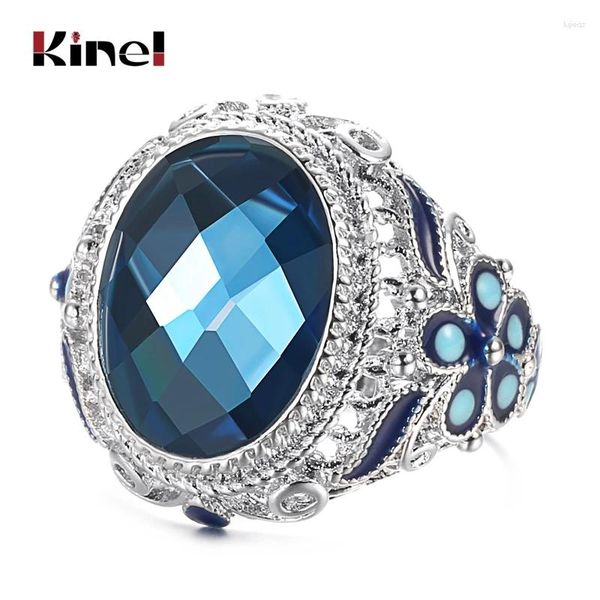 Кольца кластера Kinel в китайском стиле, красочное эмалированное кольцо для женщин, модное тибетское серебро, синий стеклянный камень, винтажные ювелирные изделия, оптовая продажа