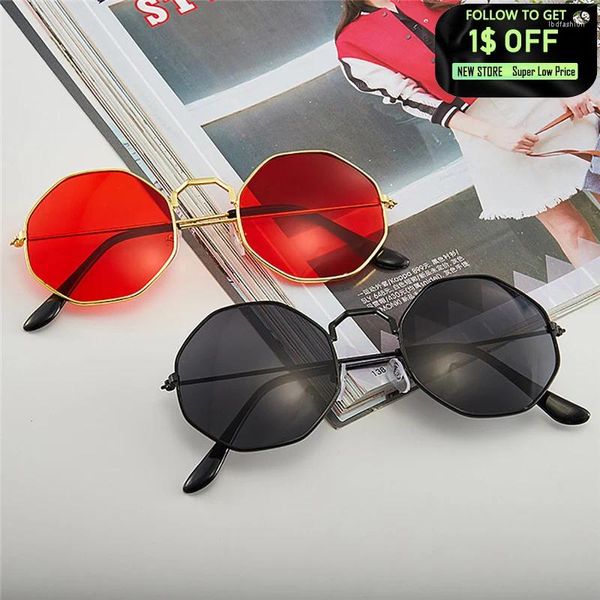 Óculos de sol estilo coreano vintage octogonal liga quadro retro redondo lente colorida óculos de sol sombra