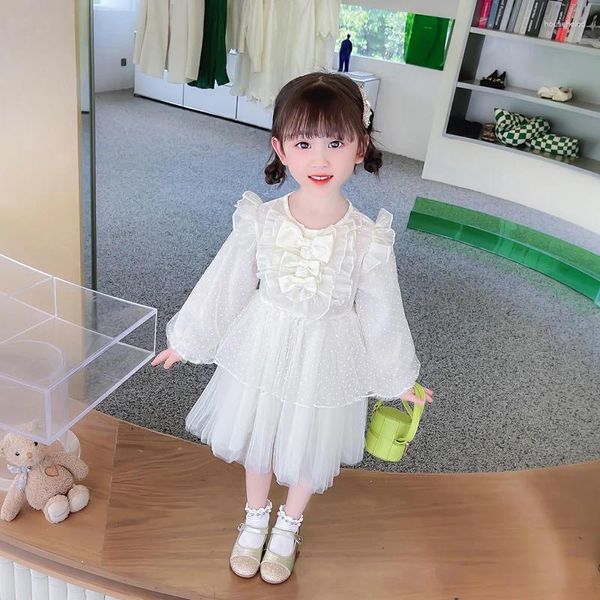 Abiti da ragazza Primavera Autunno Ragazze vestono 2-8 anni Festa Principessa Bambini Manica lunga Pizzo Bianco Costume Moda Abbigliamento per bambini