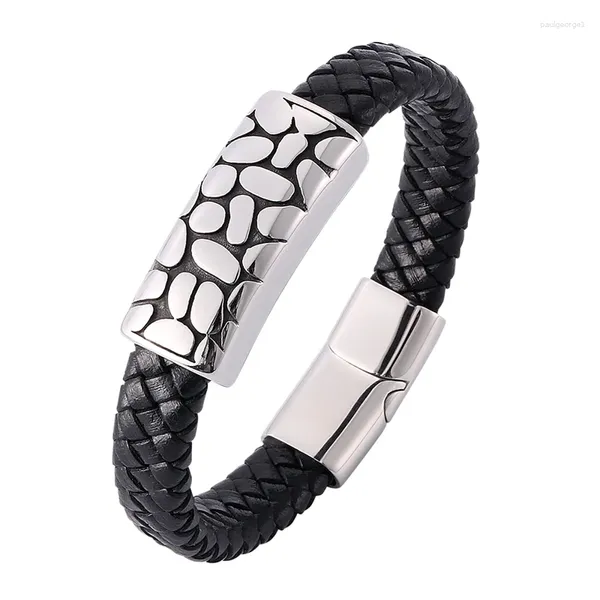 Braccialetti con ciondoli 2024 Gioielli da uomo Punk Bracciale in pelle intrecciata nera Catena con fibbia magnetica in acciaio inossidabile Braccialetti di moda Fascia da polso maschile