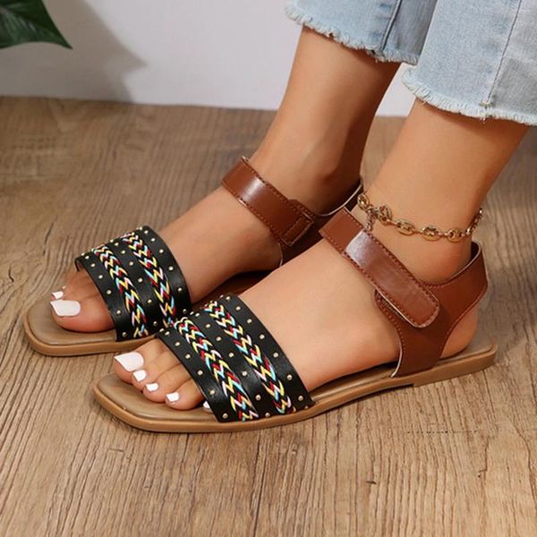 Sandálias Senhoras Moda Verão Couro Colorido Tecido Decoração Open Toe Hook Loop Flat Womens Sandal Slides