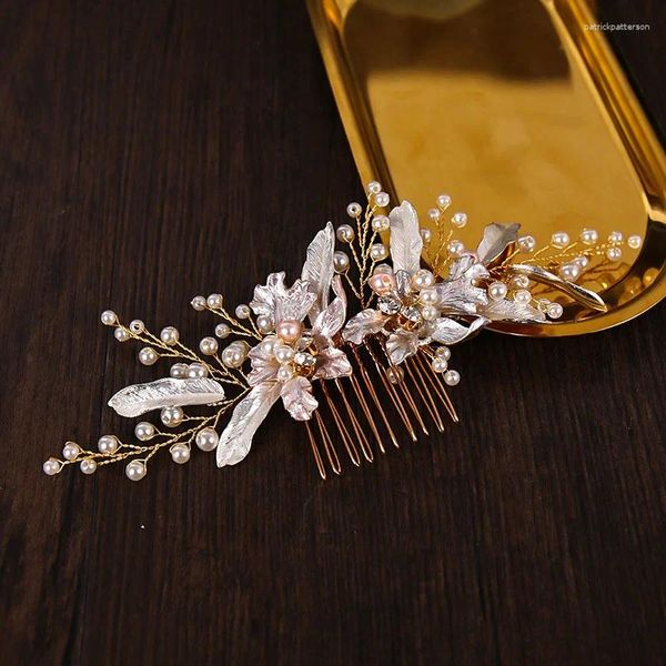 Grampos de cabelo cor ouro pente folha design feminino acessórios pérola floral jóias barrettes noiva casamento headdresses