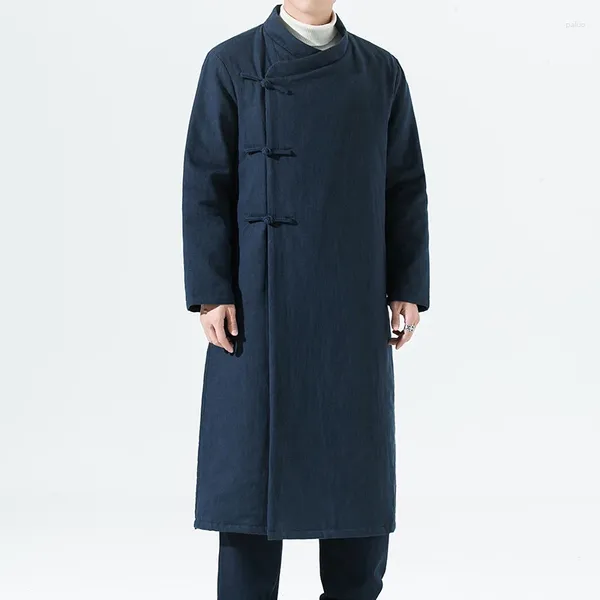 Этническая одежда в китайском стиле, мужской диагональный флаперон, винтажный костюм Тан, плотное зимнее длинное пальто, хлопково-льняное теплое пальто с хлопковой подкладкой