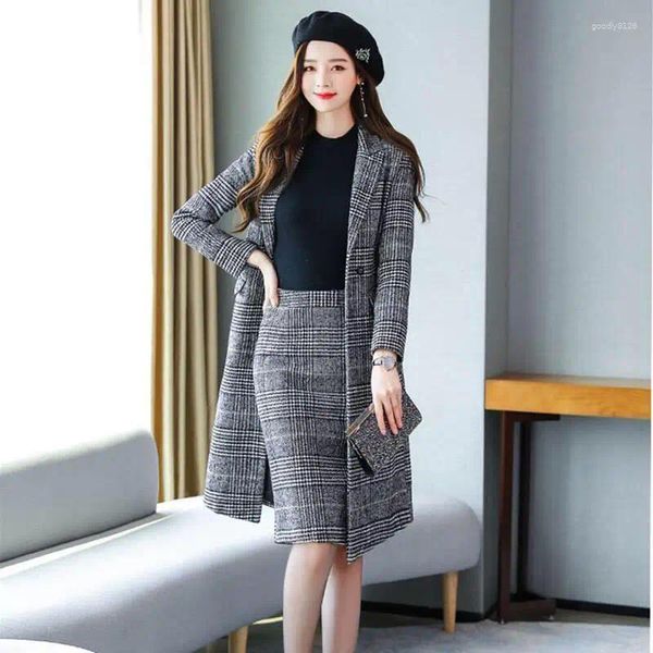 Arbeitskleider Luxus Herbst Winter Damen Wolle Plaid Business Anzüge Langer Trenchcoat mit knielangen Röcken Anzug Fomal Wear Outfits