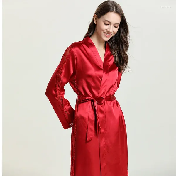 Mulheres sleepwear mulheres cetim seda dormir robe sexy v-pescoço estilo longo roupões de banho oco laço imitação quimono