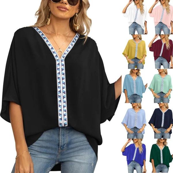 Blusas femininas verão manga curta com decote em v camisa senhoras solta chiffon blusa cor sólida emenda pulôver topo feminino roupas casuais