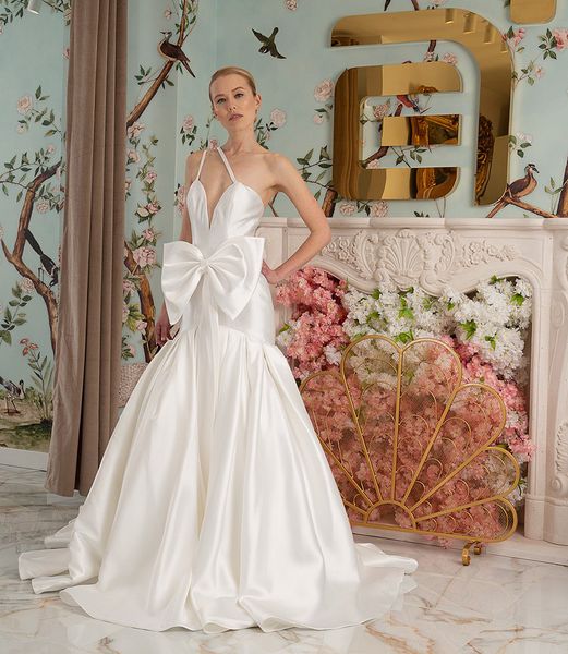 Сексуальные глубокие свадебные платья с V-образным вырезом Balter Bow White/Lvory Satin Mermaid Bridal Howns Скромные vestidos de novia 2024