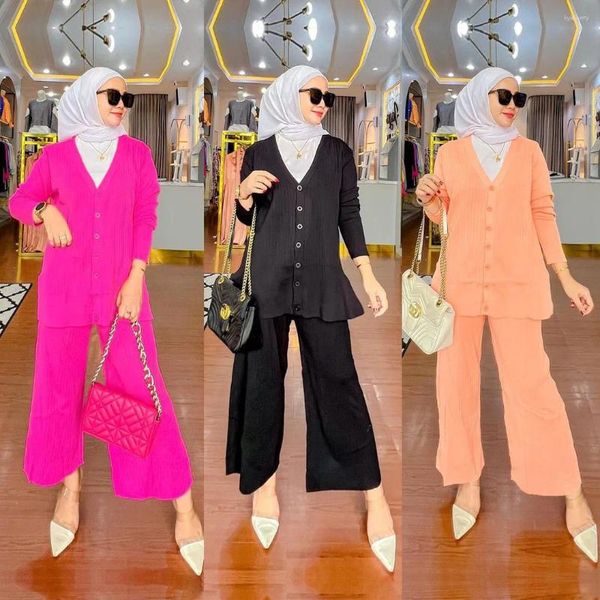 Roupas étnicas Mulheres Muçulmanas Ternos Outono Primavera Malha Cardigan Camisola Calças de Perna Larga 2 Pcs Conjuntos de Moda Islâmica Modest Abaya Outfits