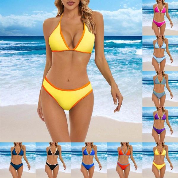 Costume da bagno bikini sexy a blocchi di colore alla moda da donna con bikini imbottito per biancheria intima di cotone da donna con grandi busti