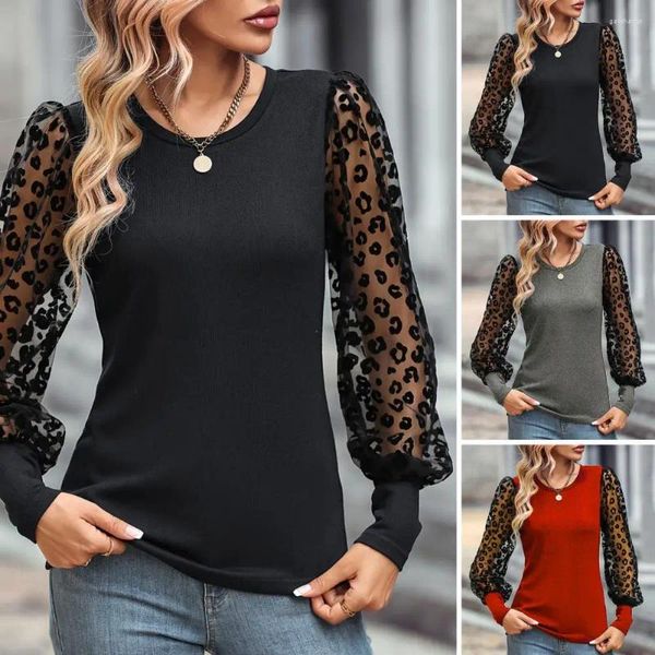 Blusas femininas macias mulheres top manga longa leopardo impressão malha elegante primavera-outono blusa de ajuste fino com transparente