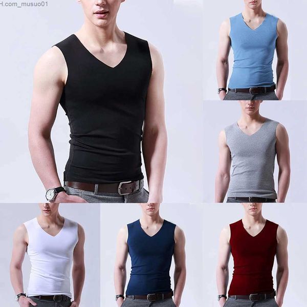 Canotte da uomo Canotte solide da uomo in seta di ghiaccio Canotte sexy con scollo a V senza maniche Canottiera da uomo senza traccia Canottiera elastica Fitness Casual Bodybuilding L2402