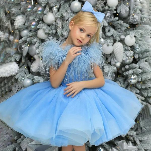 Erkekler Lüks tüyler püskül kız Noel elbiseler gök mavisi muhteşem o yaka payetli diz boyu parti pageant düğün topu elbise