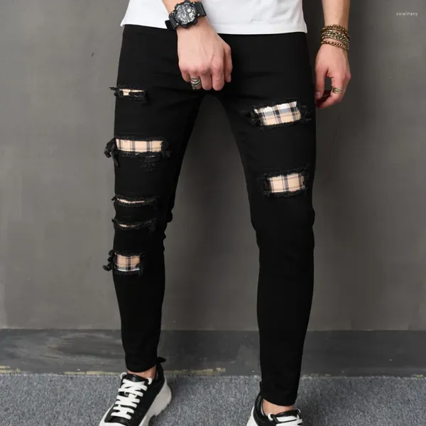 Herren Jeans Männer Ripped Patch Bedruckte Slim Hose Männliche Löcher Stilvolle Jogging Lässige Bleistift Denim Hosen