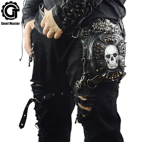 Gothic Steampunk Skull 2019 Donne Messenger Rivetto in pelle Marsupi Moda Retro Rock Moto Borsa da gamba per uomo T200113274P