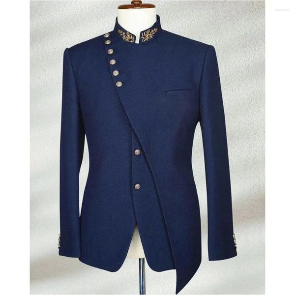 Herrenanzüge, elegant, Marineblau, 2-teilig, Stehkragen, räumliches Design, Blazer mit Stickerei-Ausschnitt, Hochzeit, Bräutigam, Kleid nach Maß