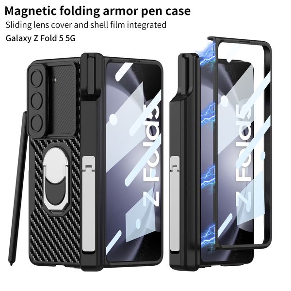 Anel de armadura para Samsung Galaxy Z Fold 5 Caso Suporte de caneta de filme de vidro Capa de proteção com dobradiça magnética