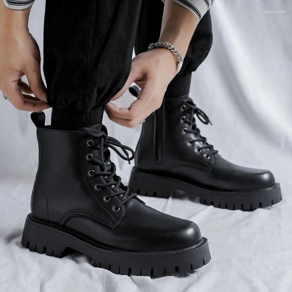 Botlar Erkekler Sıradan Orijinal Deri Siyah Platform Ayakkabıları İş Ofis Elbisesi Kovboy Ayak Bileği Boot Dant-Up Kısa Botas Maskulinas