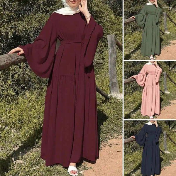 Abiti casual Moda Abito con scollo a O per le donne Musulmani a maniche lunghe Dubai Abaya Primavera Abito tinta unita Abbigliamento femminile Islam con cintura