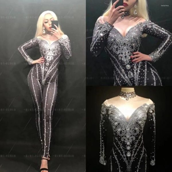 Abbigliamento da palcoscenico Nightclub Bar Cantante femminile DJDS Dance Team Guest Style Black Silver Diamond Tuta intera Gogo Performance Dress