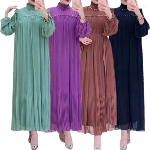 Roupas étnicas Eid Mulheres Muçulmanas Sólidas Manga Longa Plissada Vestido Maxi Marrocos Caftan Islam Árabe Modest Robe Abaya Dubai Turquia