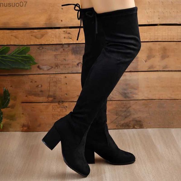 Elbise Ayakkabı Uyluk Yüksek Çorap Botları Kadınlar Diz 2023 Sonbahar Kış Tıknaz Topuklu Siyah Tasarımcı Zarif Seksi Orta Topuk Ücretsiz Nakliye2402