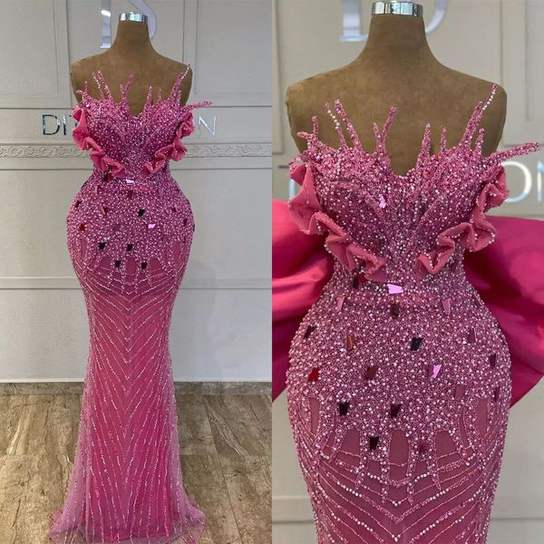 Luxuriöse Meerjungfrau-Abendkleider mit Perlen und Perlen, trägerloses Ballkleid, Pailletten, Strass, abnehmbare Schleife, formelles Kleid für besondere Anlässe