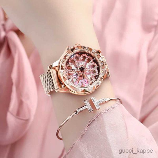 Orologi da donna UTHAI CQ30 donna es orologio da polso in oro rosa da donna al quarzo da donna Strass Spin fiore Trasparente di lusso 2020