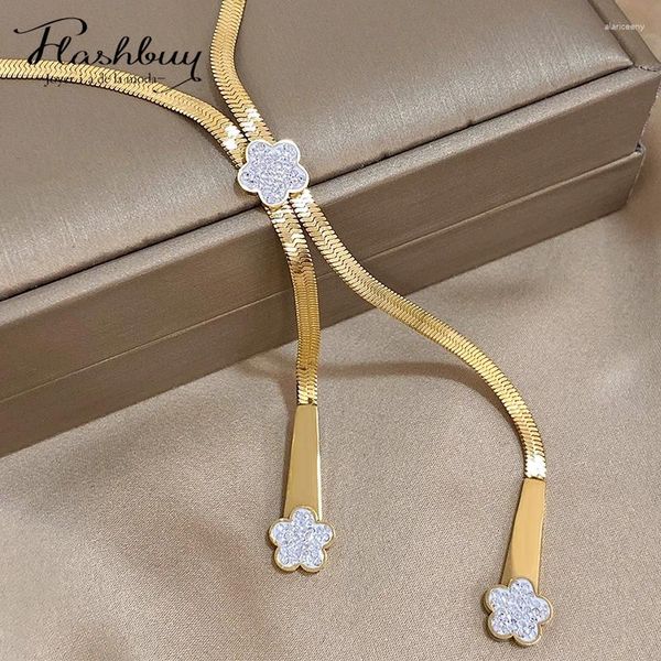 Anhänger Halsketten Flashbuy Edelstahl Trend Strass Blumen Lange Schlange Knochen Kette Halskette Für Frauen Charme Mode Schmuck Geschenk