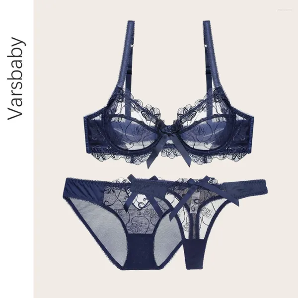 BHs Sets Varsbaby Sexy Luxus Durchsichtig Dame Dessous Set Ultradünne bestickte Spitze BH Höschen Tanga 3 Stück