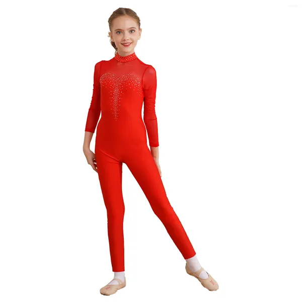 Bühnenkleidung für Kinder, Mädchen, glänzender Strass-Gymnastik-Ballett-Trikot, Eiskunstlauf-Tanz-Body, transparenter Netz-Langarm-Unitard-Overall