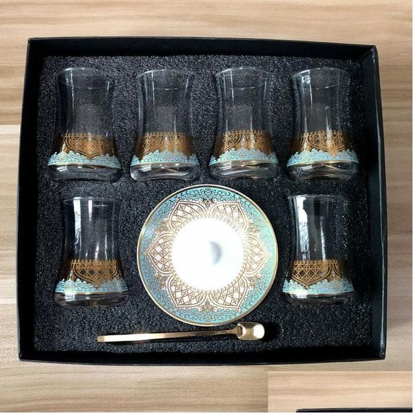 Tazze Piattini 6 Set Set di bicchieri da tè turchi con cucchiaio Tazza da caffè Romantico vetro esotico Decorazione della cucina Confezione regalo Consegna a goccia Dhmak