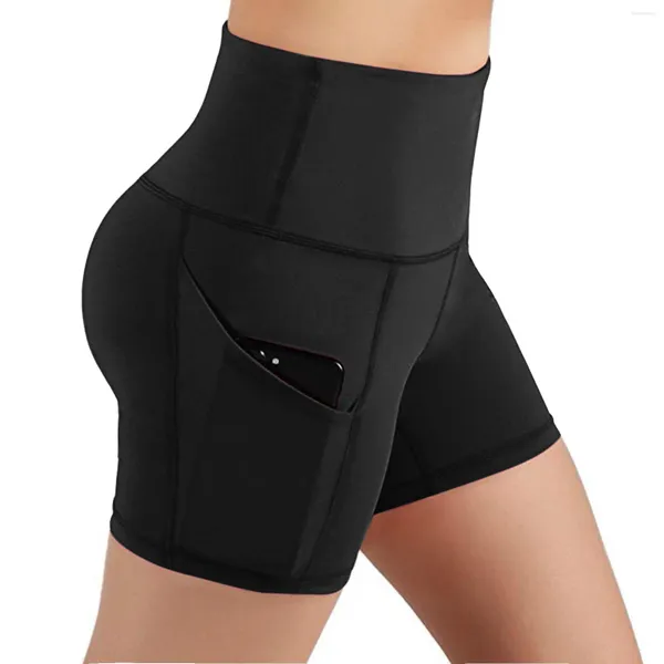 Aktive Shorts für Damen, hohe Taille, einfarbig, für Yoga, Sport, mit Taschen, kurz, kleine Schönheit