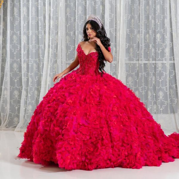 Rotes Ballkleid Quinceanera-Kleider aus der Schulter, Spitze, Perlen, Kristall-Tull, abgestuftes Korsett, süßes 16. Kleid für 15 Jahre