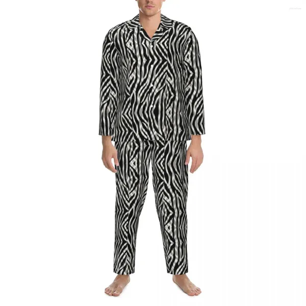 Indumenti da notte da uomo Set da pigiama a righe tribali con zebra Stampa animale Carino Uomo Manica lunga Casual Per il tempo libero 2 Pezzi Indumenti da notte Taglie forti