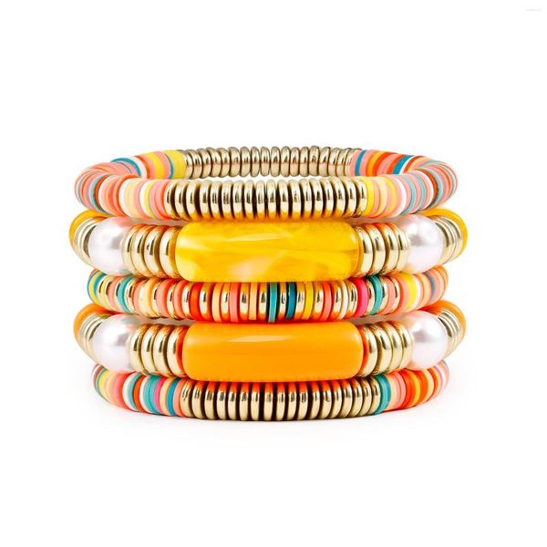 Strand Badu Trendy Weiß Orange Acryl Bambusrohr Armreif Armbänder Für Frauen Stretch Harz Perlen Armband Set Boho Schmuck 2024