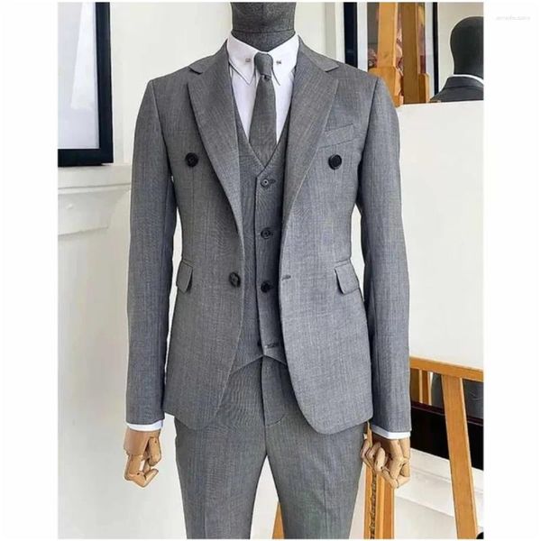 Ternos masculinos elegantes cinza para homens, 3 peças, jaqueta, calças, colete, blazer, ajuste regular, roupas chiques, vestido de casamento com lapela de corte único